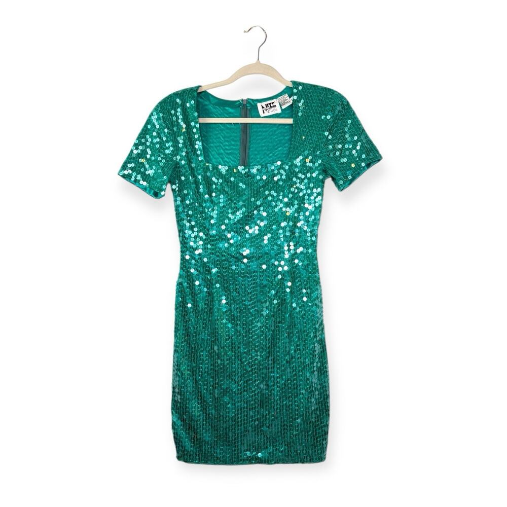 Vintage 80s  Nite‎ Line Green Sequin Cocktail Party Mini Dress Sz 4 EUC